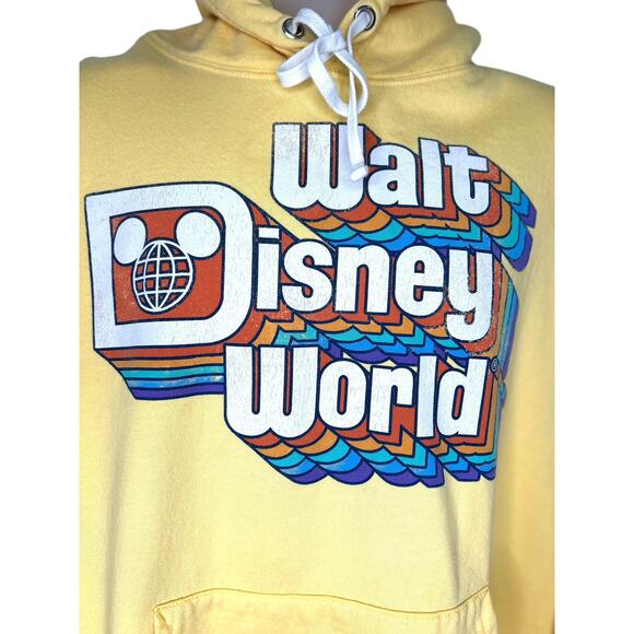 Vintage Wald Disney World Rainbow Logo Hoodie Sweatshirt in Butter Yellow XL - Picture 2 of 7